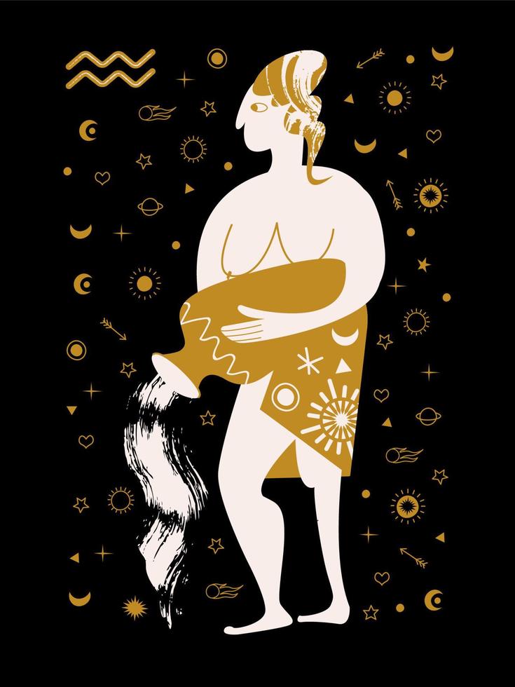 Horoscope and astrology. The zodiac sign Aquarius. Black and gold. Vector illustration in a flat style.