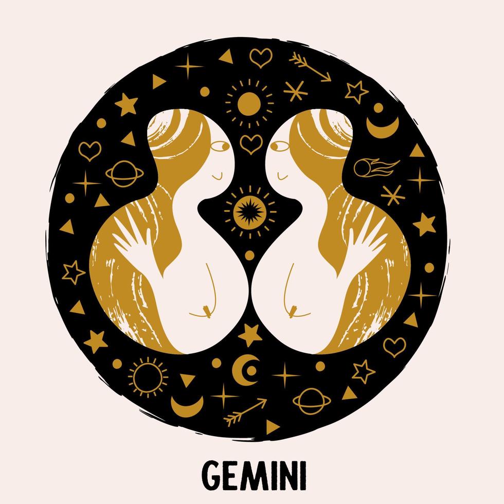 Gemini. Zodiac sign. Two girls are twins. Constellation of Gemini. Vector illustration in a flat style.