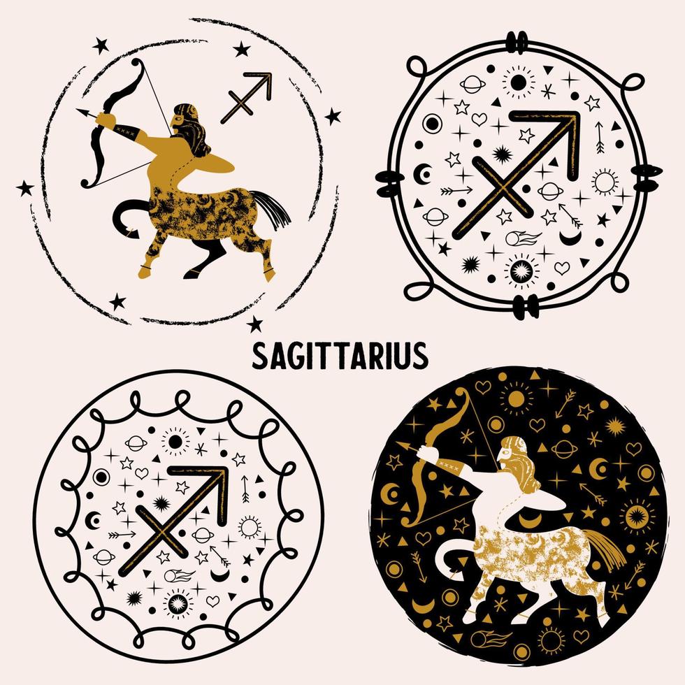 Sagitario. signo del zodiaco. el centauro lanza un arco. conjunto de emblemas vectoriales. vector