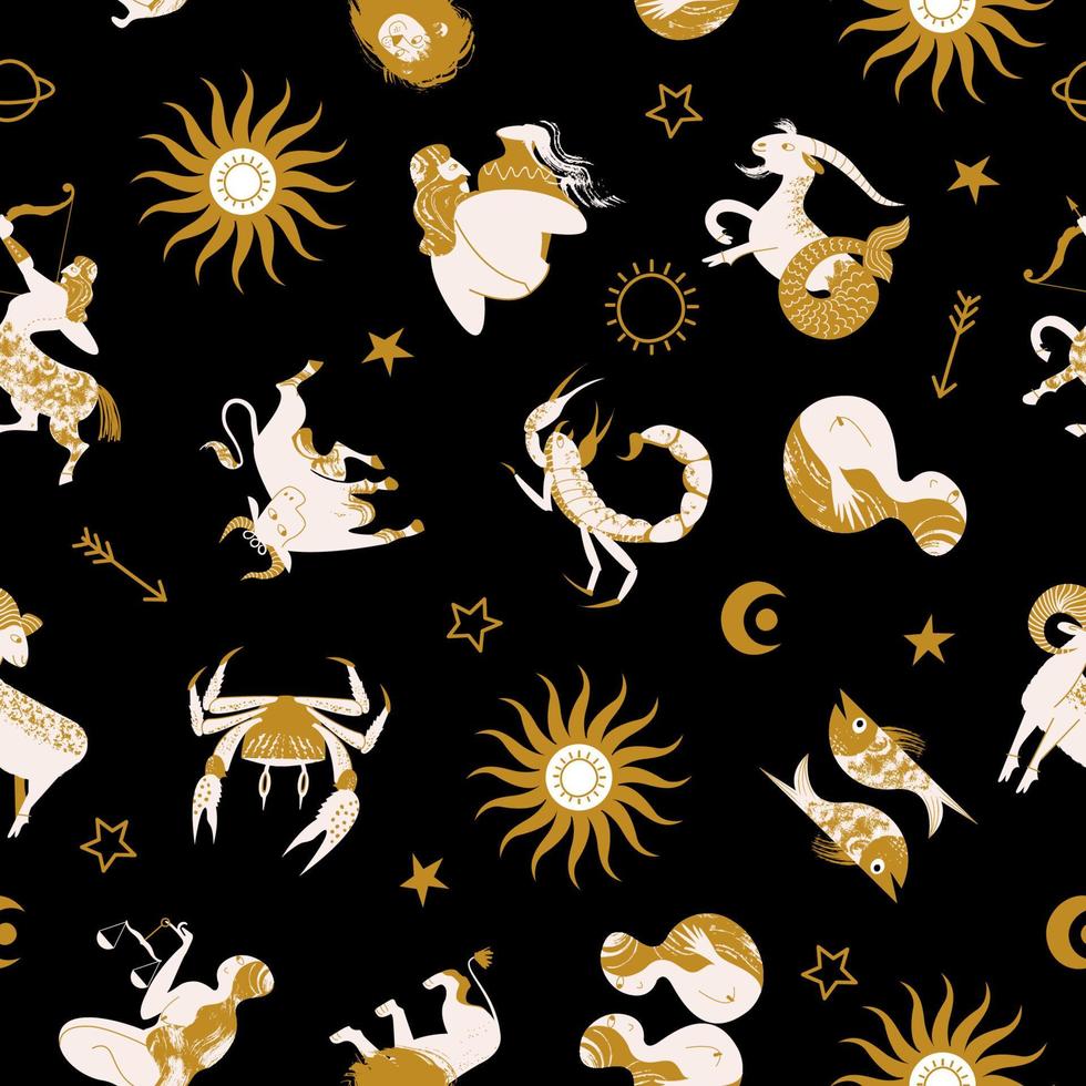 The signs of the zodiac, cosmic, esoteric symbols on a black background. Seamless pattern. Vector illustration.