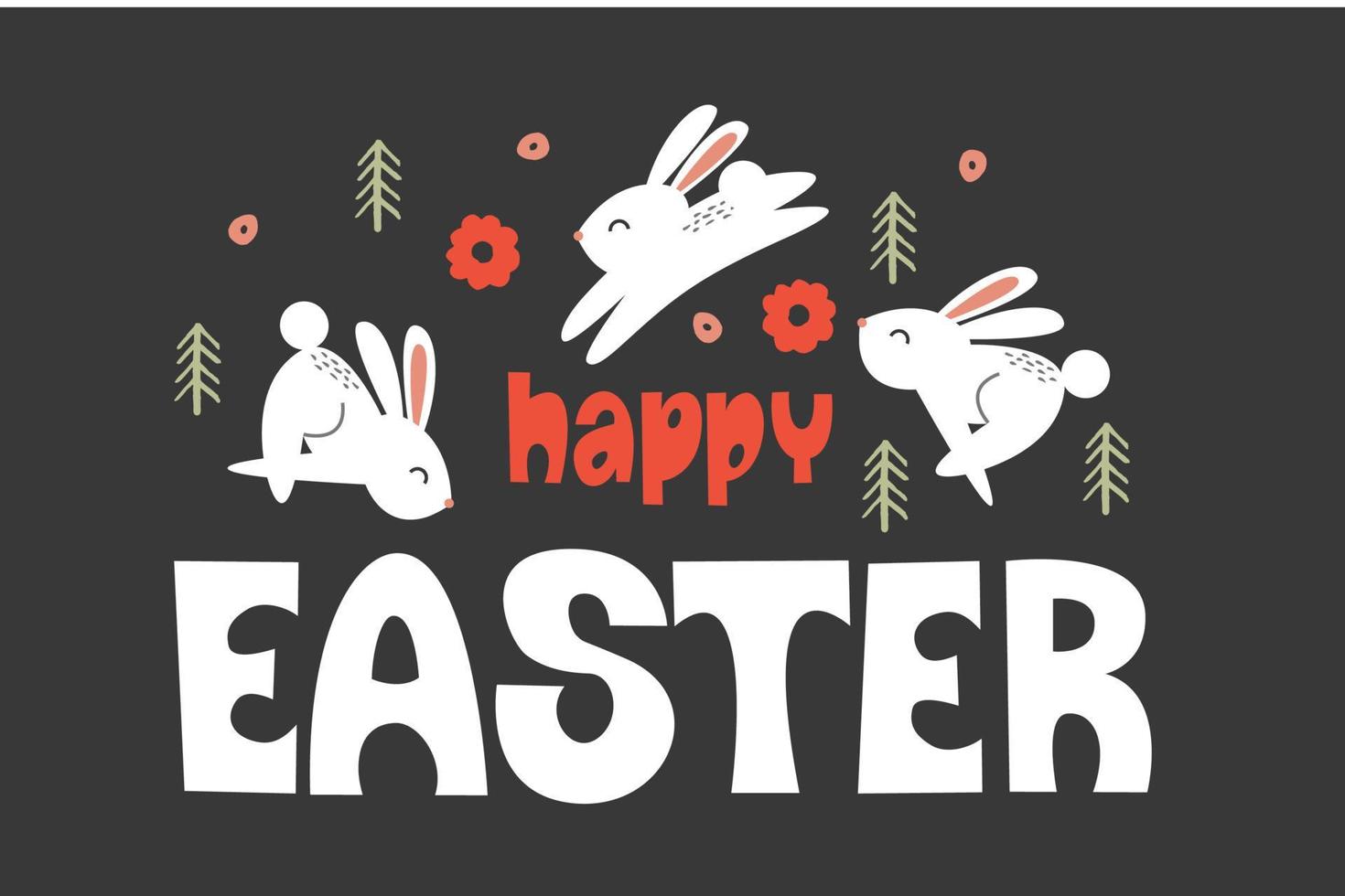 happy Easter. Greeting card, vector illustration on a dark background. White rabbits jump among the Christmas trees.