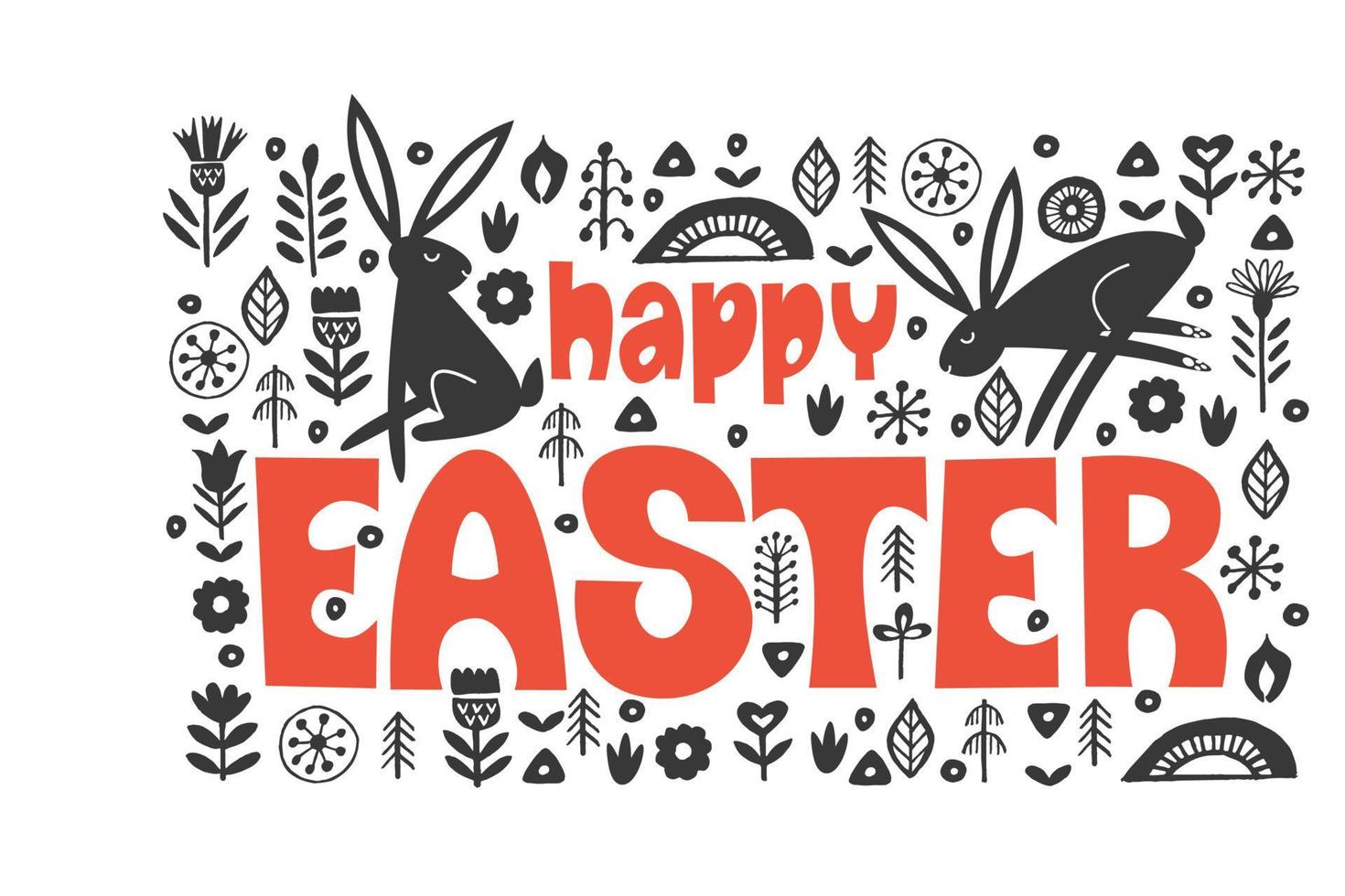 happy Easter. Black and white greeting card. Folk style. vector