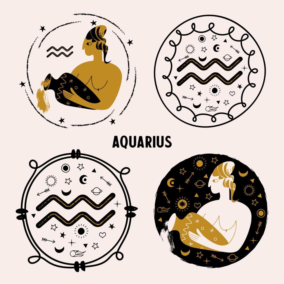 horóscopo y astrología. el signo zodiacal acuario. negro y oro. ilustración vectorial en un estilo plano. vector