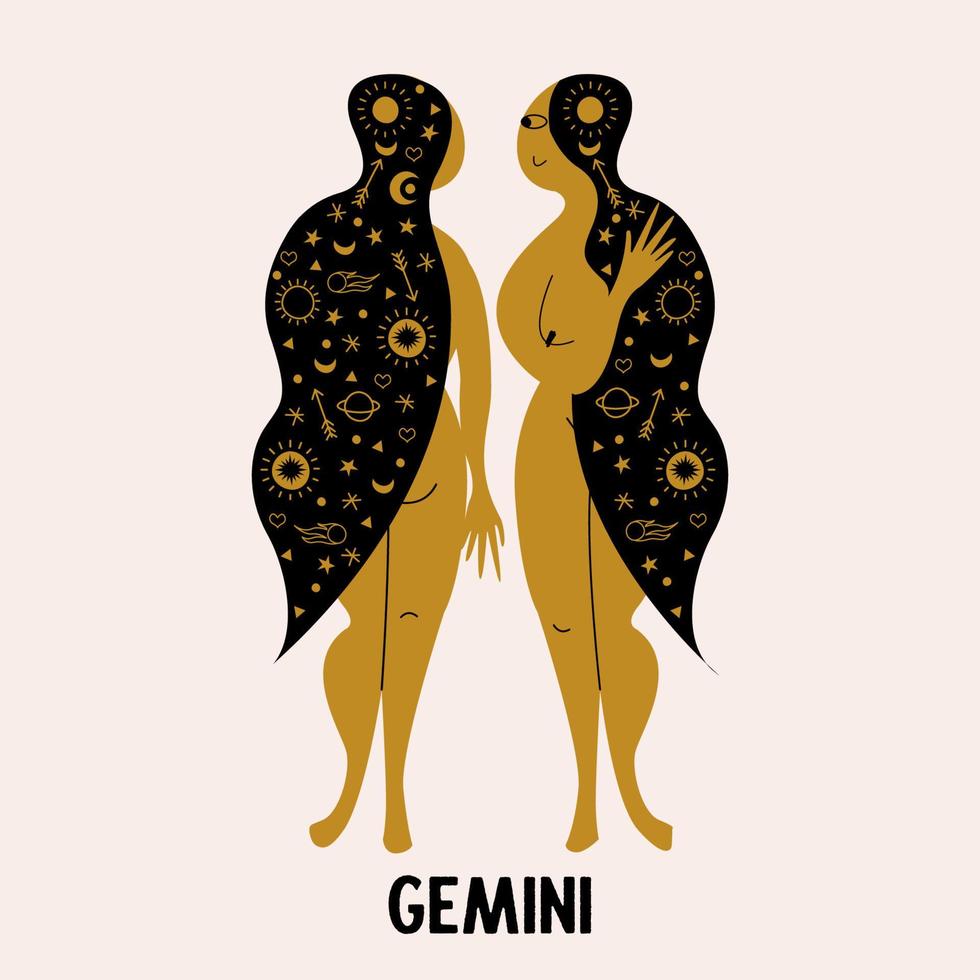 Gemini. Zodiac sign. Two girls are twins. Constellation of Gemini. Vector illustration in a flat style.