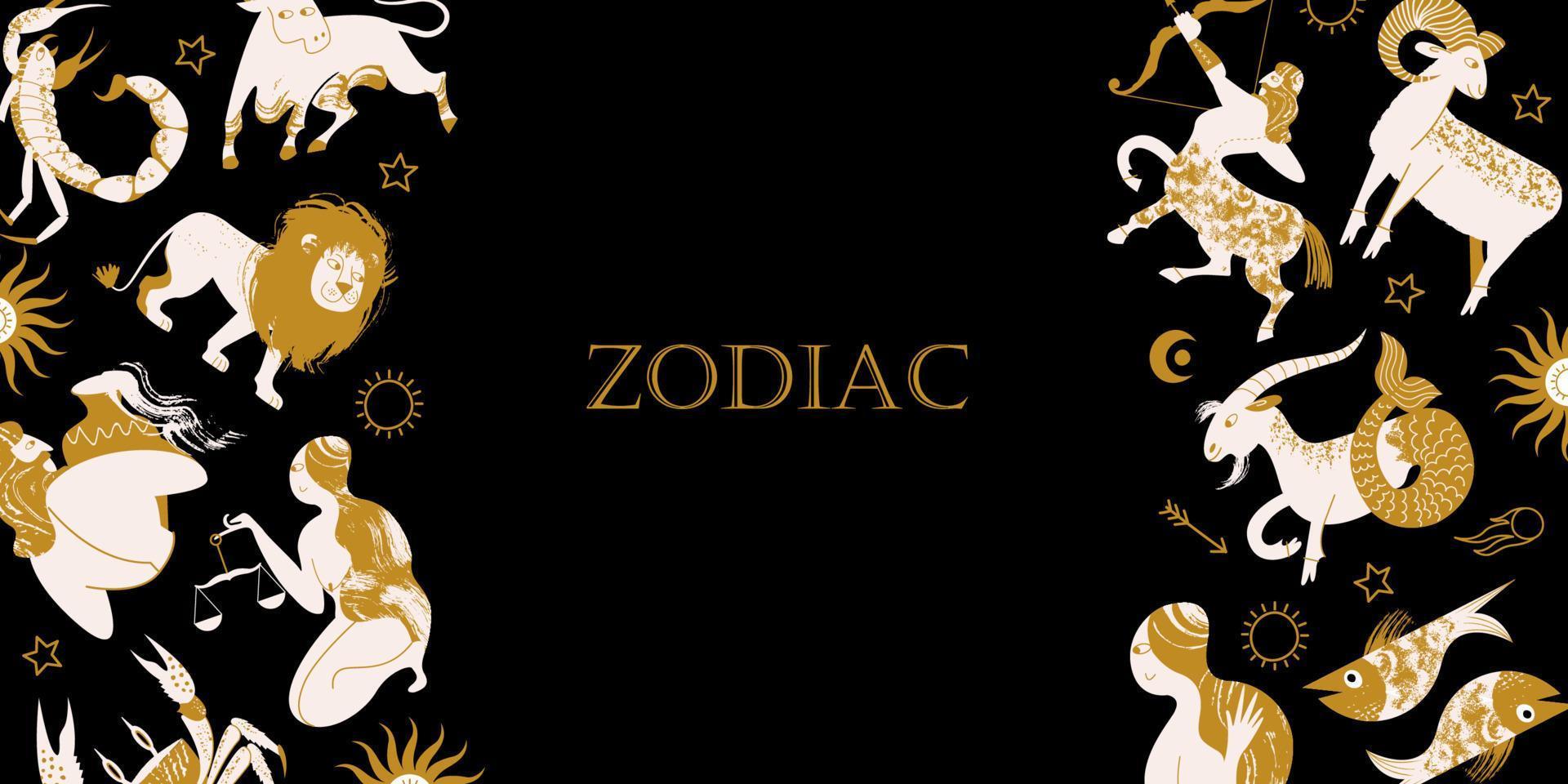 The signs of the zodiac, cosmic, esoteric symbols on a black background. Vector illustration.