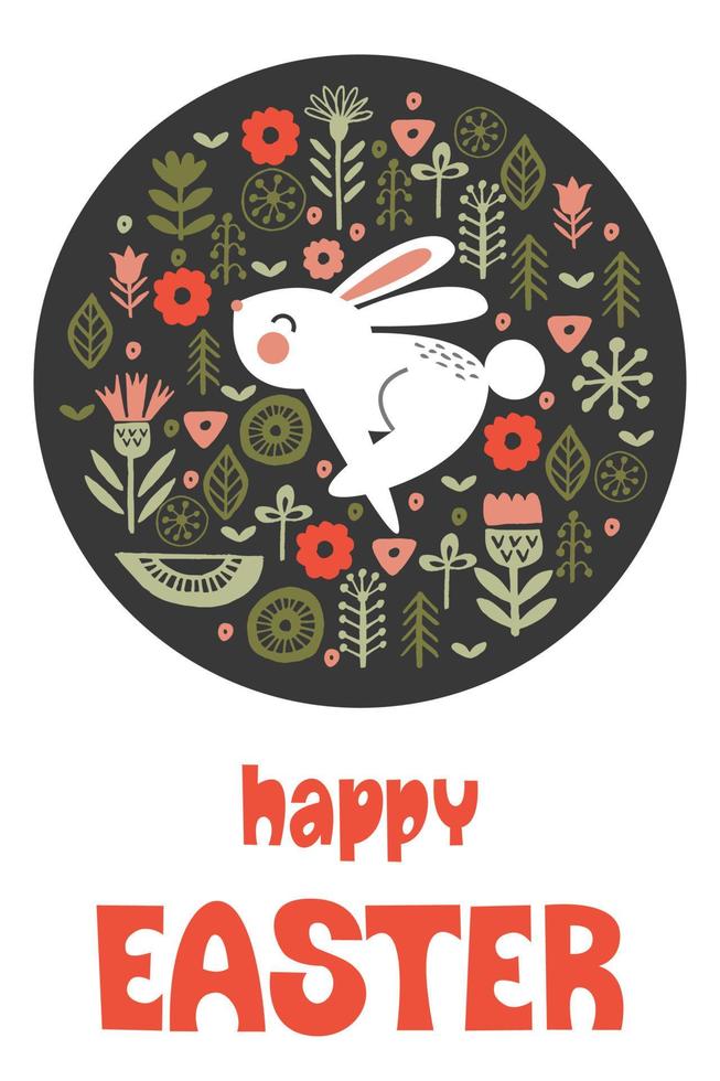 happy Easter. Greeting card, vector illustration. White rabbit in a circular pattern of spring flowers.
