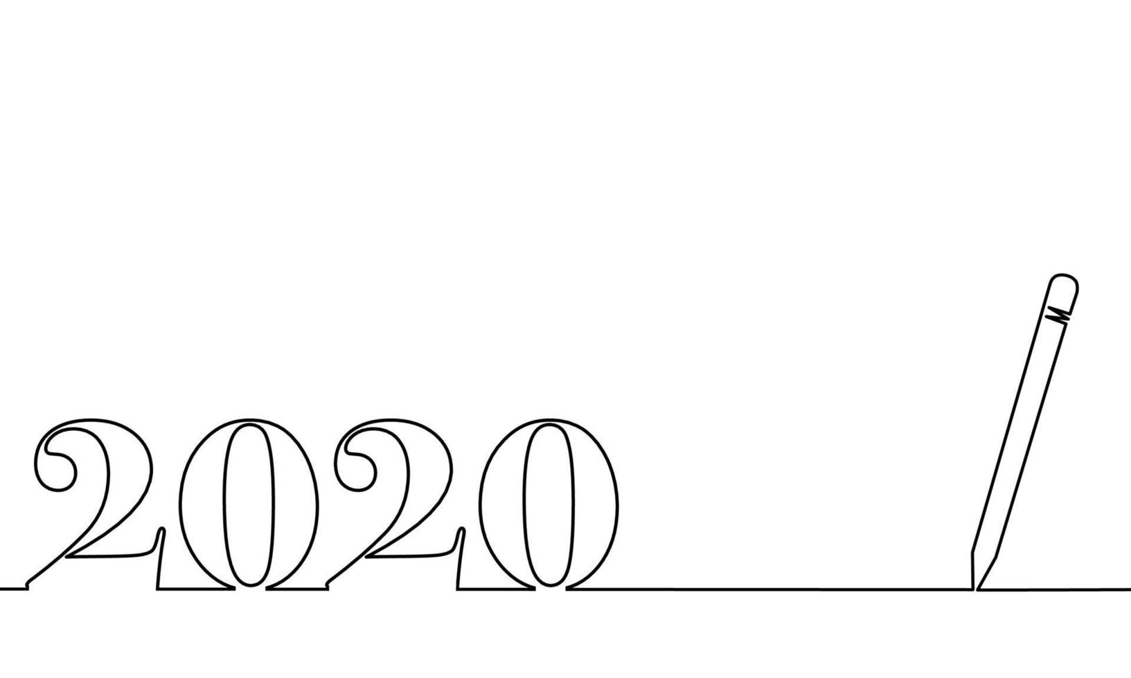 One line drawing style with a pen on the right and 2020 on the left, the year of the lord. Concept about writing, simply, yearly, celebrating, anniversary and etc. vector