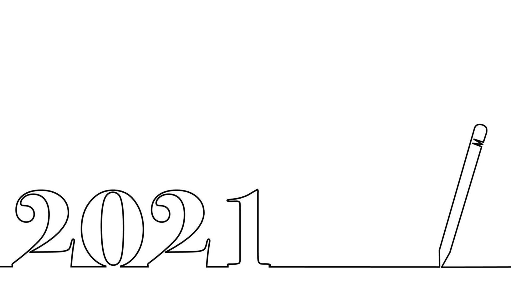 One line drawing style with a pen on the right and 2021 on the left, the year of the lord. Concept about writing, simply, yearly, celebrating, anniversary and etc. vector