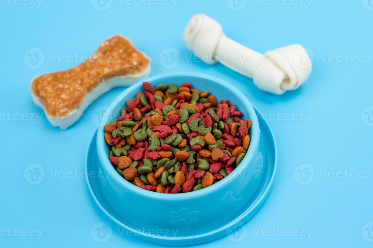 Pet food in bowls with bone for dog on color background. photo