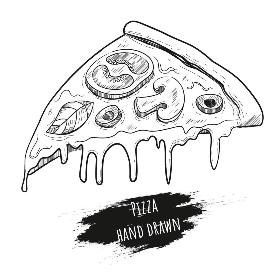 Slice of pizza, vector illustration in engraved hand drawn style. Sketch pizza, isolated on white background