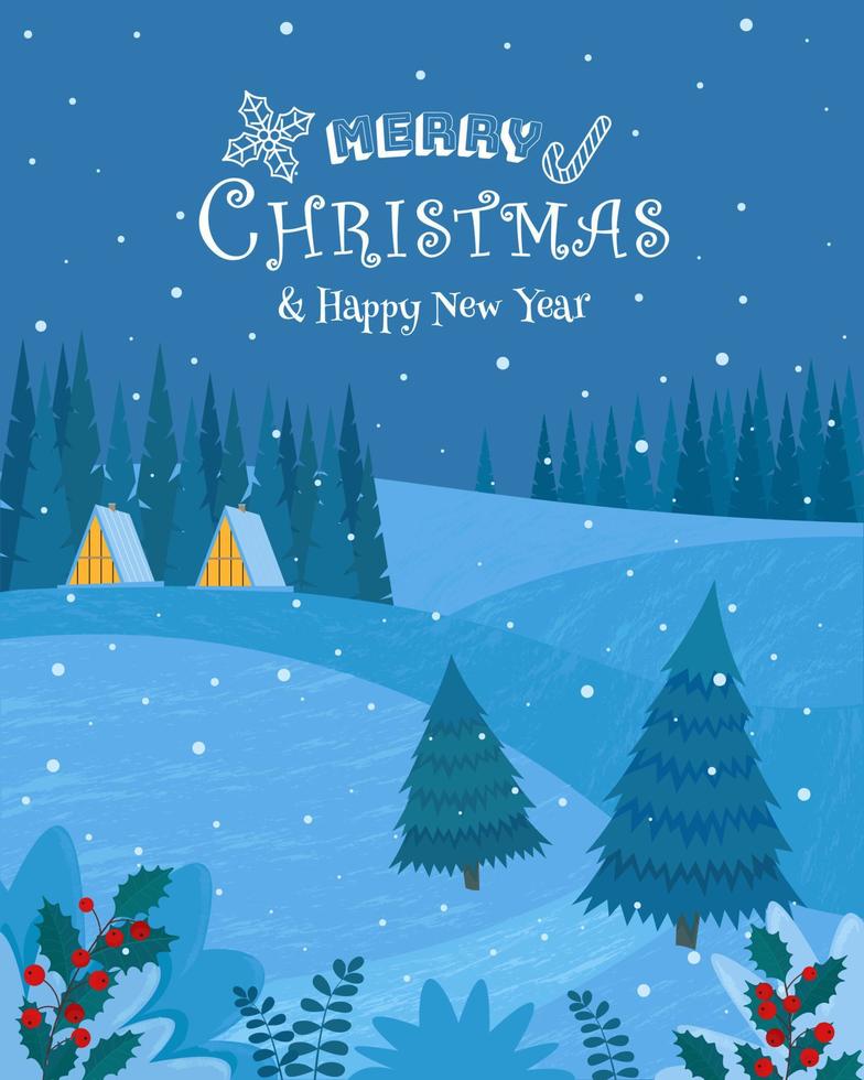 Winter landscape with houses in forest. Christmas night. Vector illustration in flat style, greeting card or template for banner