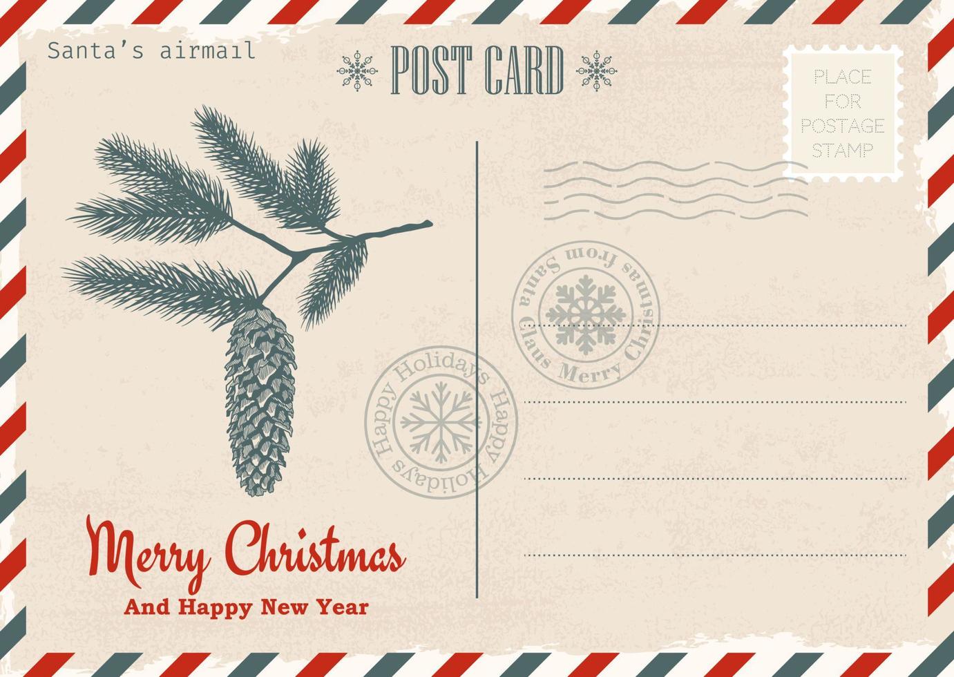 Vintage Christmas and New Year invitation postcard. Christmas mail. Vector template