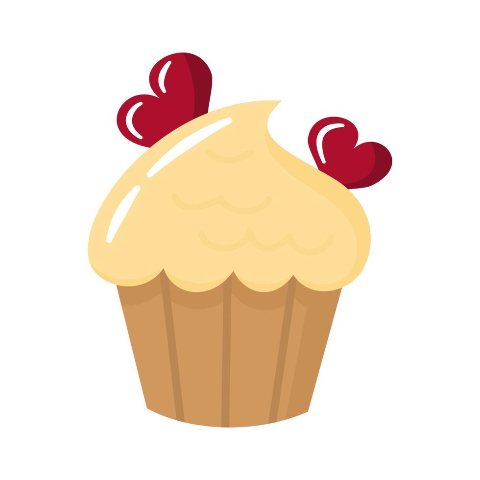 Cute cartoon creamy cupcake decorated with hearts. Sweet cake isolated on white background.  Pastry decorative element. vector