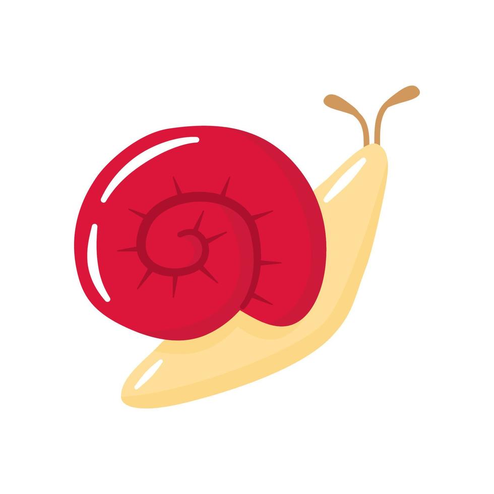 Cute cartoon snail with red shell isolated on white background. Decorative element for cosmetics packaging. Flat vector illustration.