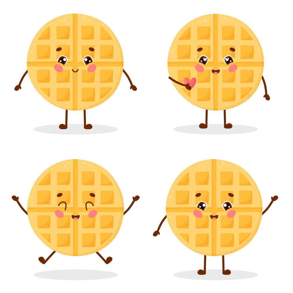Set of cute cartoon character waffle in different emotions. Vector illustration isolated on white background.