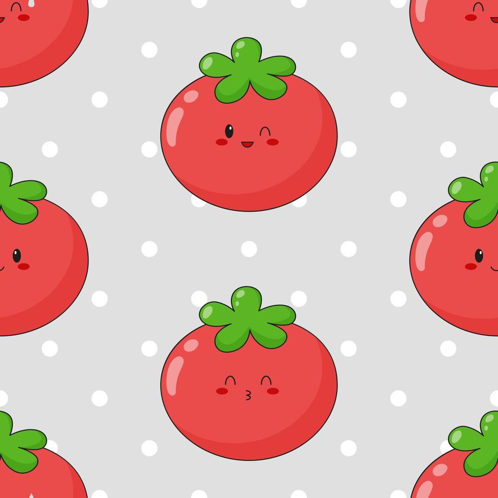 Seamless pattern of cute kawaii tomato. Vegetable print with different emotions of tomato. Flat vector illustration.