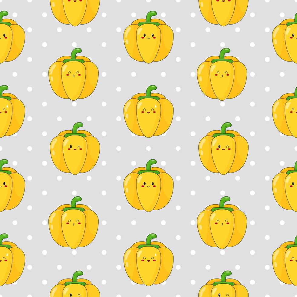 Seamless pattern of cute kawaii yellow pepper. Vegetable print with different emotions of pepper. Flat vector illustration.