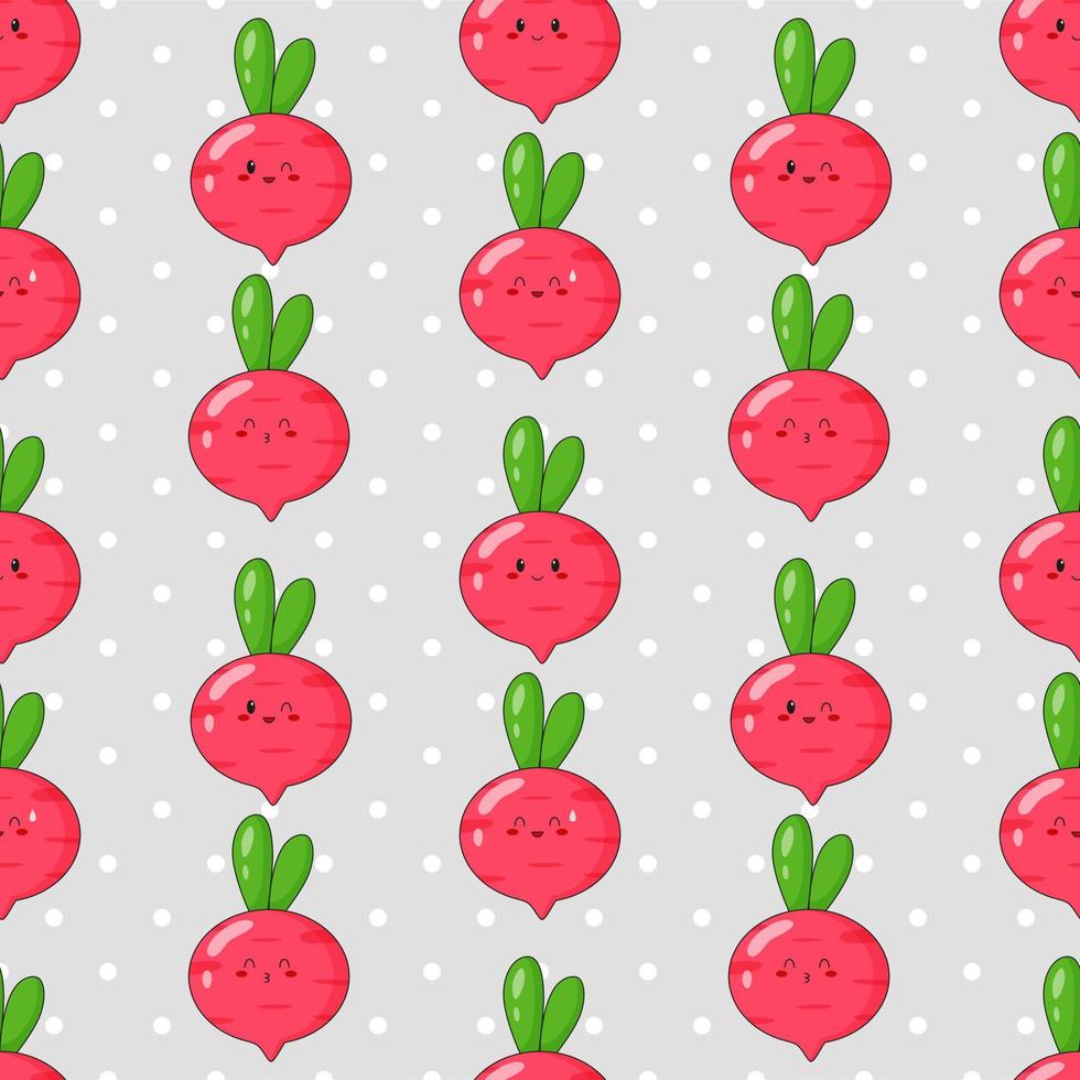Seamless pattern of cute kawaii radish. Vegetable print with different emotions of radish. Flat vector illustration.