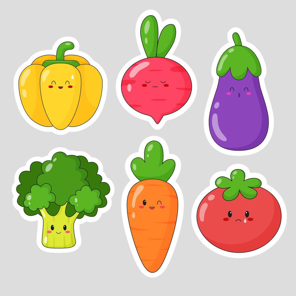 Set of cute kawaii vegetables. Collection of vegetables stickers and
