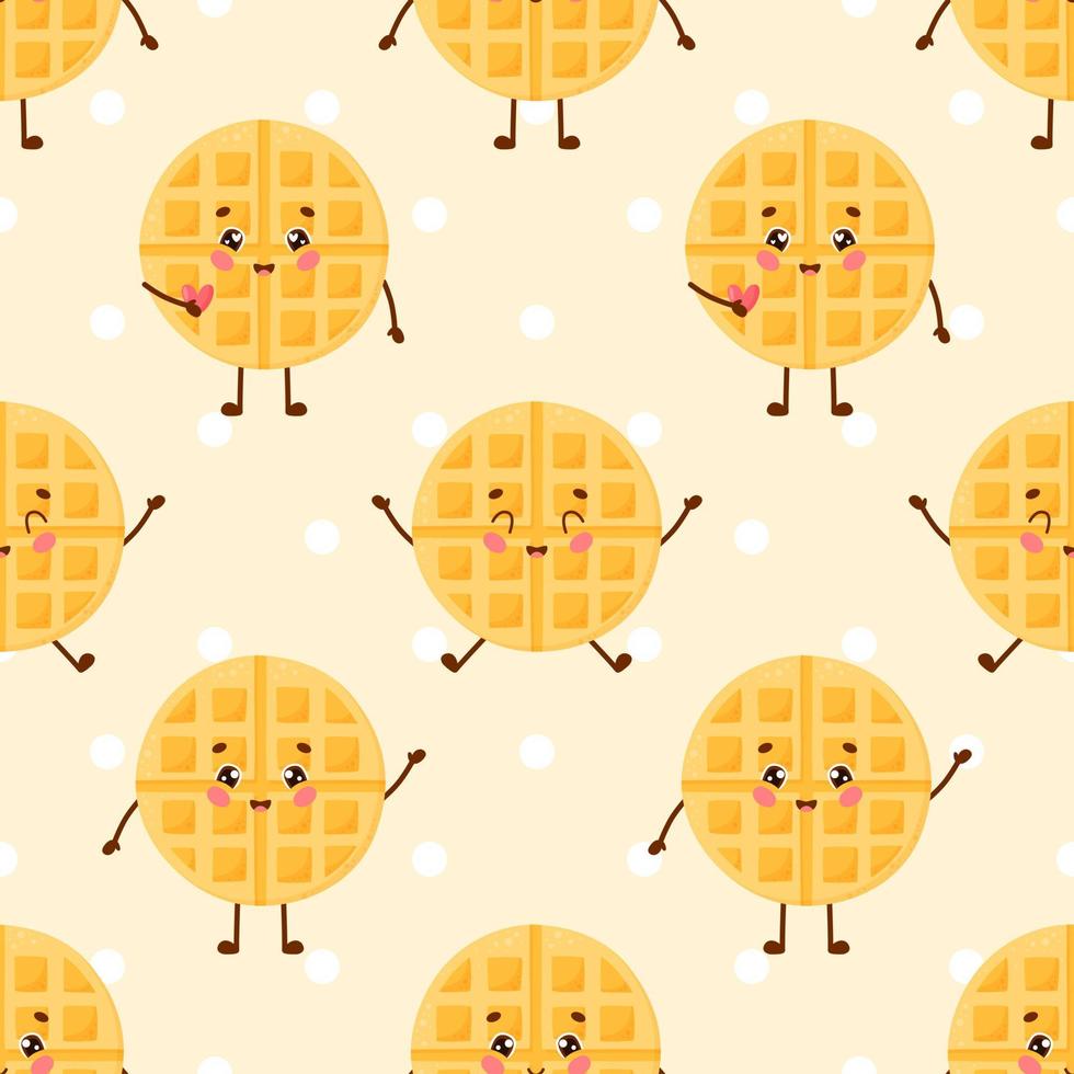 Seamless pattern of cute dessert character. Cartoon waffle with different emotions. Flat vector illustration.