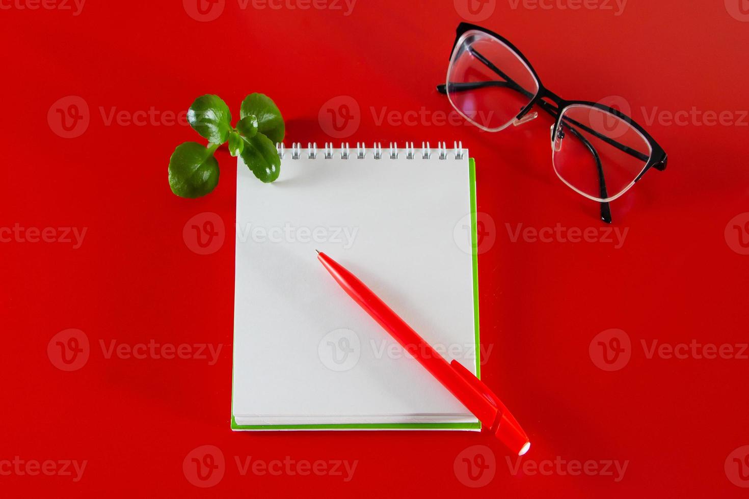 Office supplies on a red background. photo