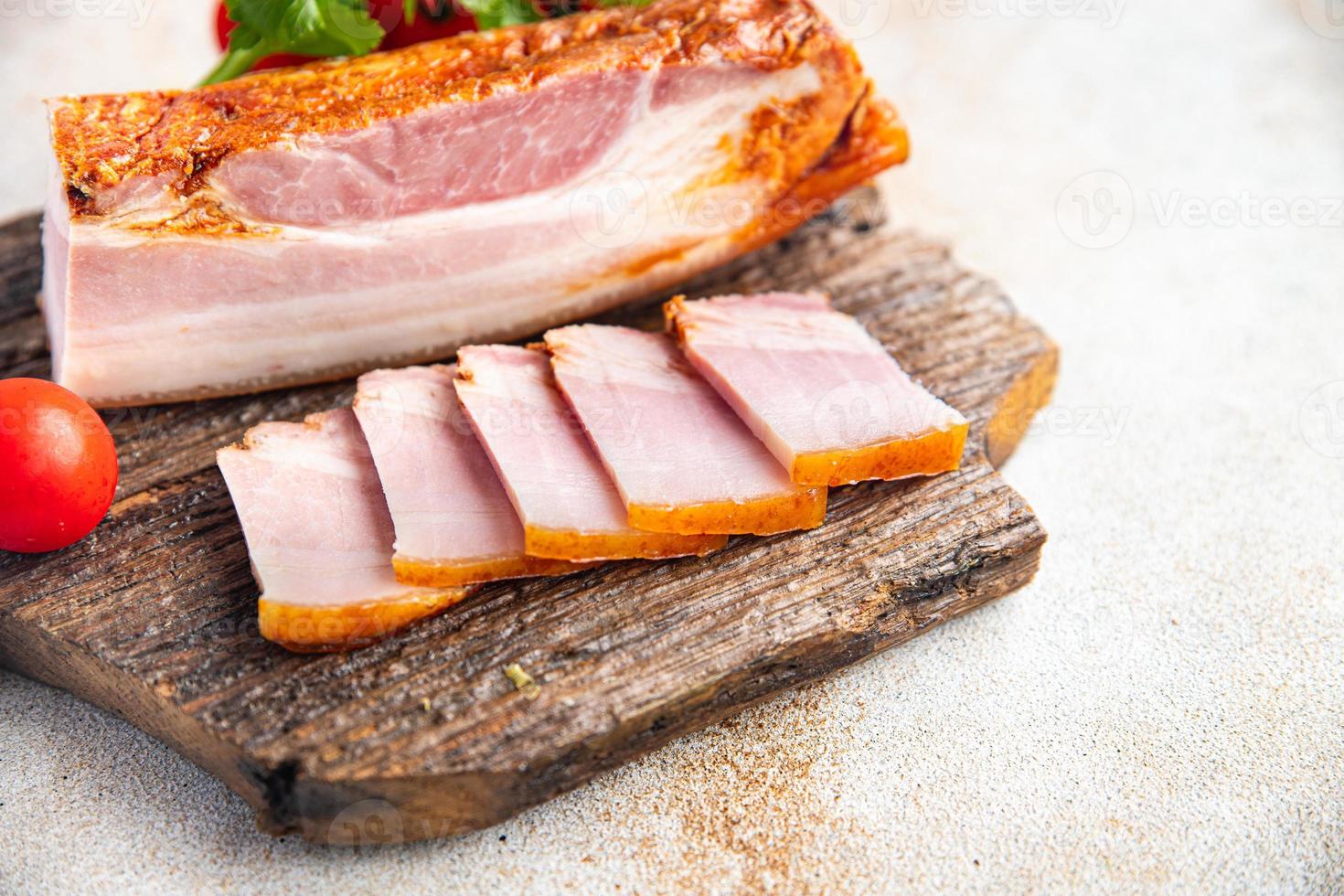 fresh bacon pork piece fat with meat meal photo