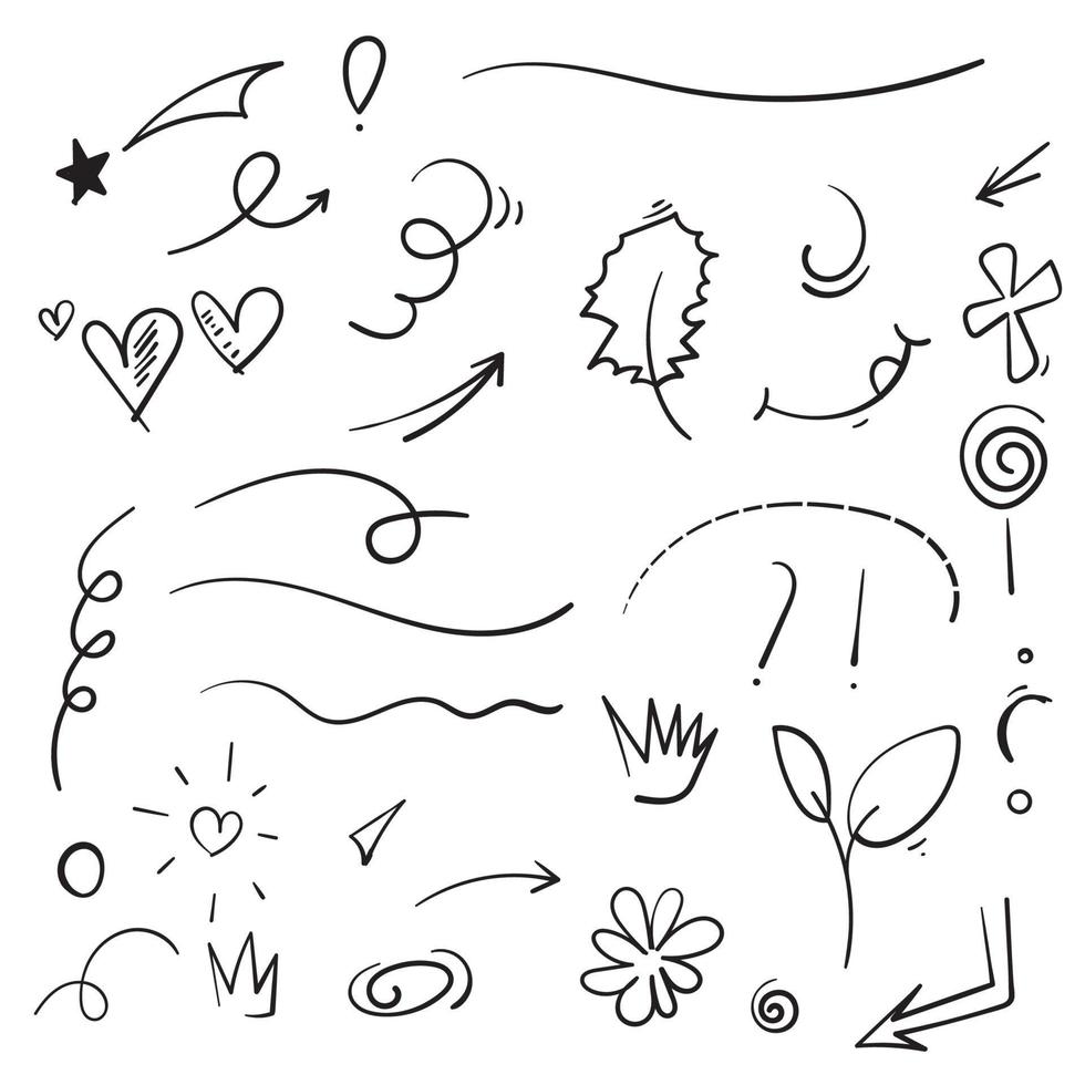 collection of doodle Swishes, swoops, emphasis doodles. Highlight text elements, calligraphy swirl, tail, flower, heart, graffiti crown.vector vector
