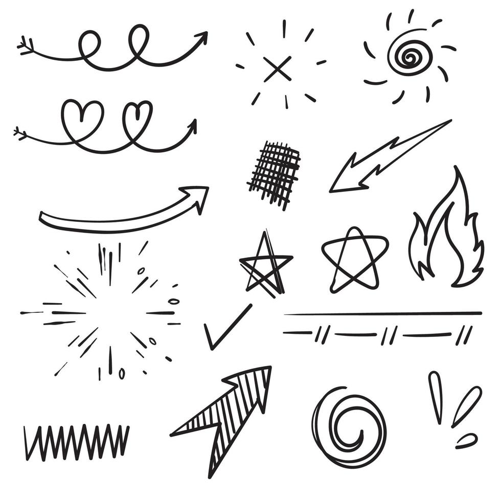 doodle set elements, black on white background. Arrow, heart, love, star, leaf, sun ,light, check marks,Swishes, swoops, emphasis ,swirl, heart cartoon style vector