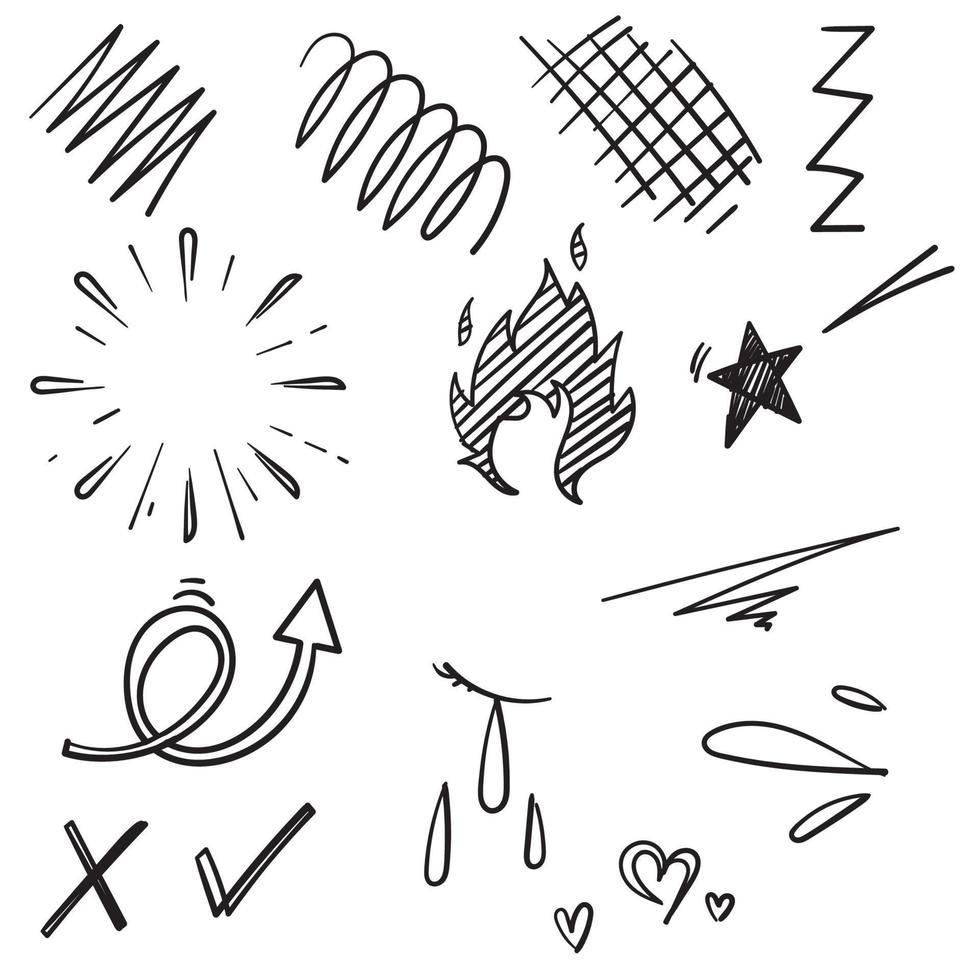 Doodle conjunto de elementos, negro sobre fondo blanco. flecha, corazón, amor, estrella, hoja, sol, luz, marcas de verificación, chasquidos, swoops, énfasis, remolino, estilo de dibujos animados de corazón vector