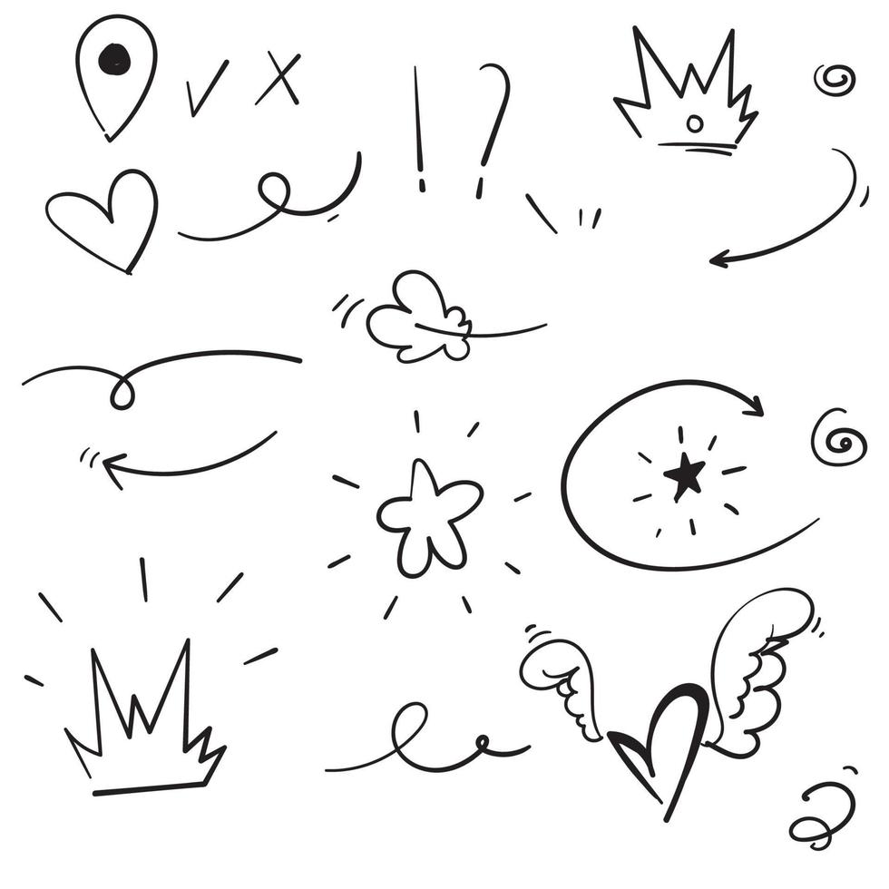 collection of doodle Swishes, swoops, emphasis doodles. Highlight text elements, calligraphy swirl, tail, flower, heart, graffiti crown.vector vector