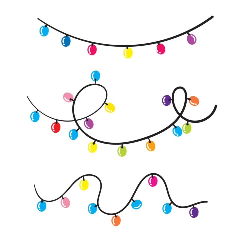 Doodle Christmas lights. Holiday festive xmas decoration. Colorful string fairy light set. Lightbulb glowing garland. Rainbow color. hand drawn design. White background. Isolated Vector