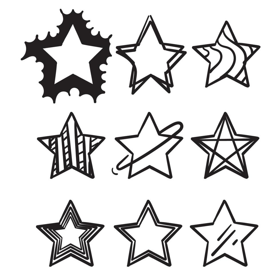 colección de ilustración de estrellas de doodle dibujadas a mano con estilo de arte de línea de dibujos animados aislado sobre fondo blanco vector