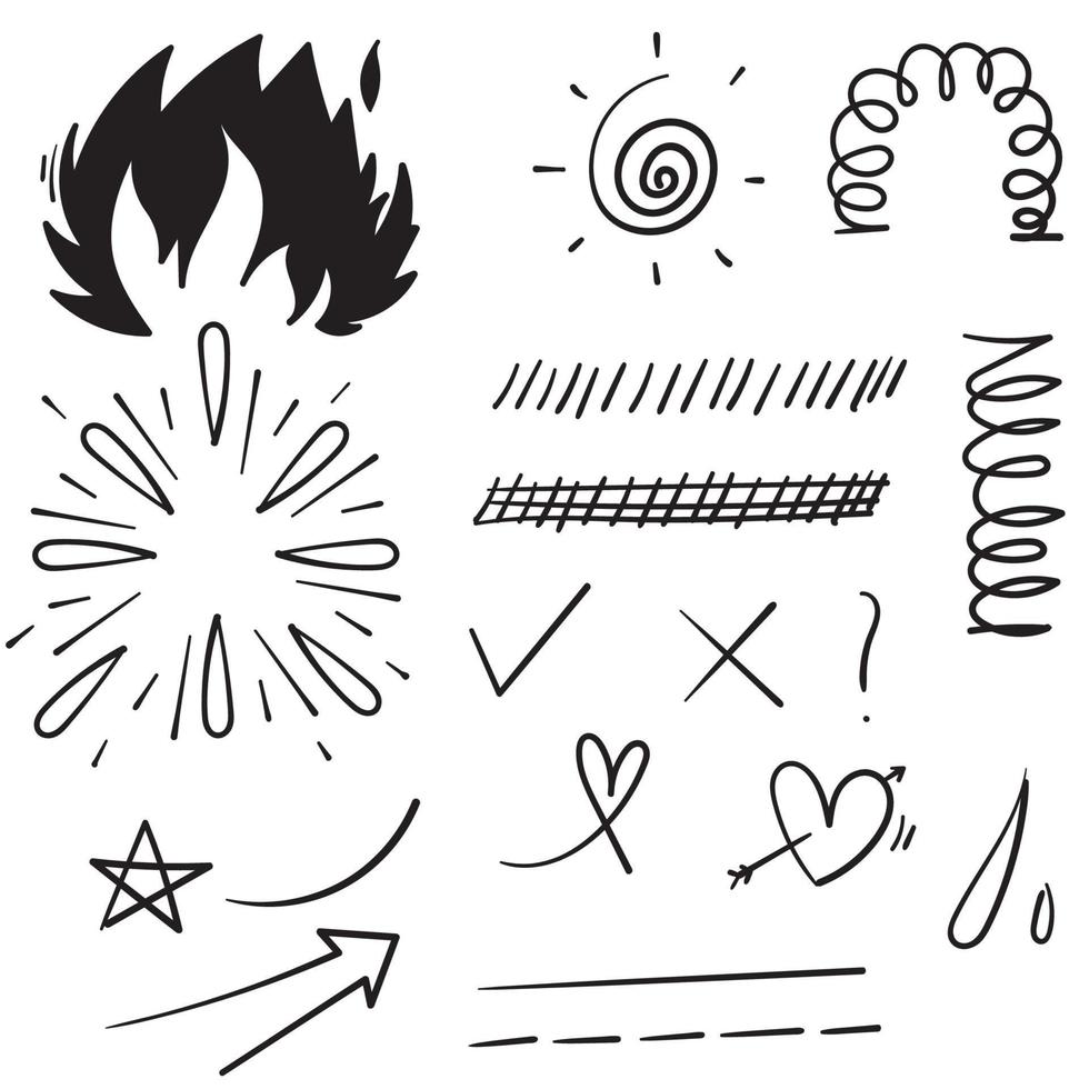 Doodle conjunto de elementos, negro sobre fondo blanco. flecha, corazón, amor, estrella, hoja, sol, luz, marcas de verificación, chasquidos, swoops, énfasis, remolino, estilo de dibujos animados de corazón vector