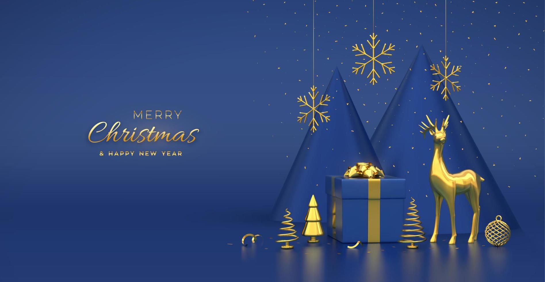 Christmas banner. Composition from gift box, gold deer, shining showflakes and ball, golden metallic spruce trees. New Year cone shape trees. Xmas background, greeting card. Vector 3D illustration.