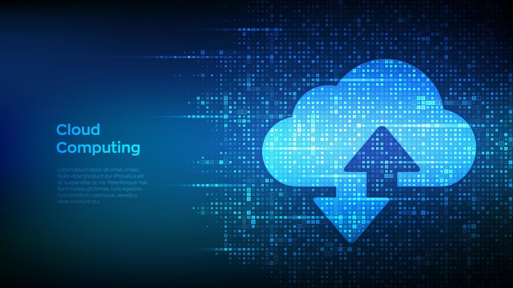 Cloud technology background. Cloud computing. Cloud storage sign with two arrows up and down icon made with binary code. Digital binary data and streaming digital code. Vector Illustration.