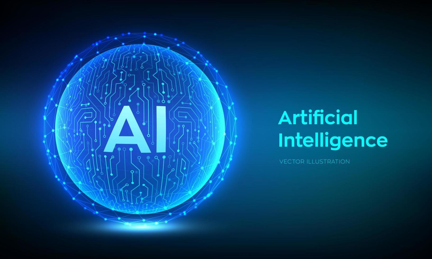 AI. Artificial Intelligence Logo. Artificial Intelligence and Machine Learning Concept. Abstract technology circuit board sphere. Big data innovation technology. Neural networks. Vector illustration.