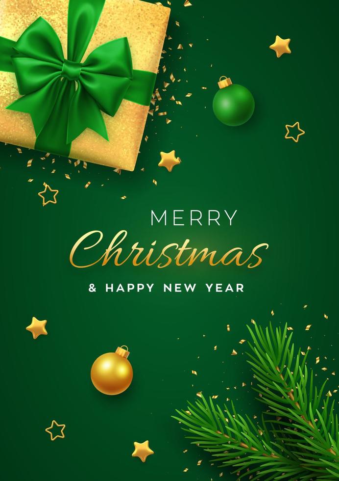 Christmas banner. Realistic gold gift box with green bow, pine branches, golden stars and glitter confetti, balls bauble. Xmas background, cover, poster, greeting cards, headers website. Vector. vector