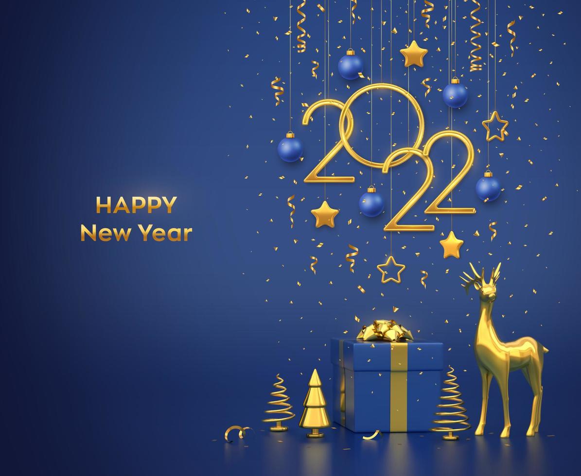 feliz año nuevo 2022. Colgando números metálicos dorados 2022 con estrellas, bolas sobre fondo azul. caja de regalo, ciervo dorado y pino o abeto metálico dorado, abetos en forma de cono. ilustración vectorial. vector