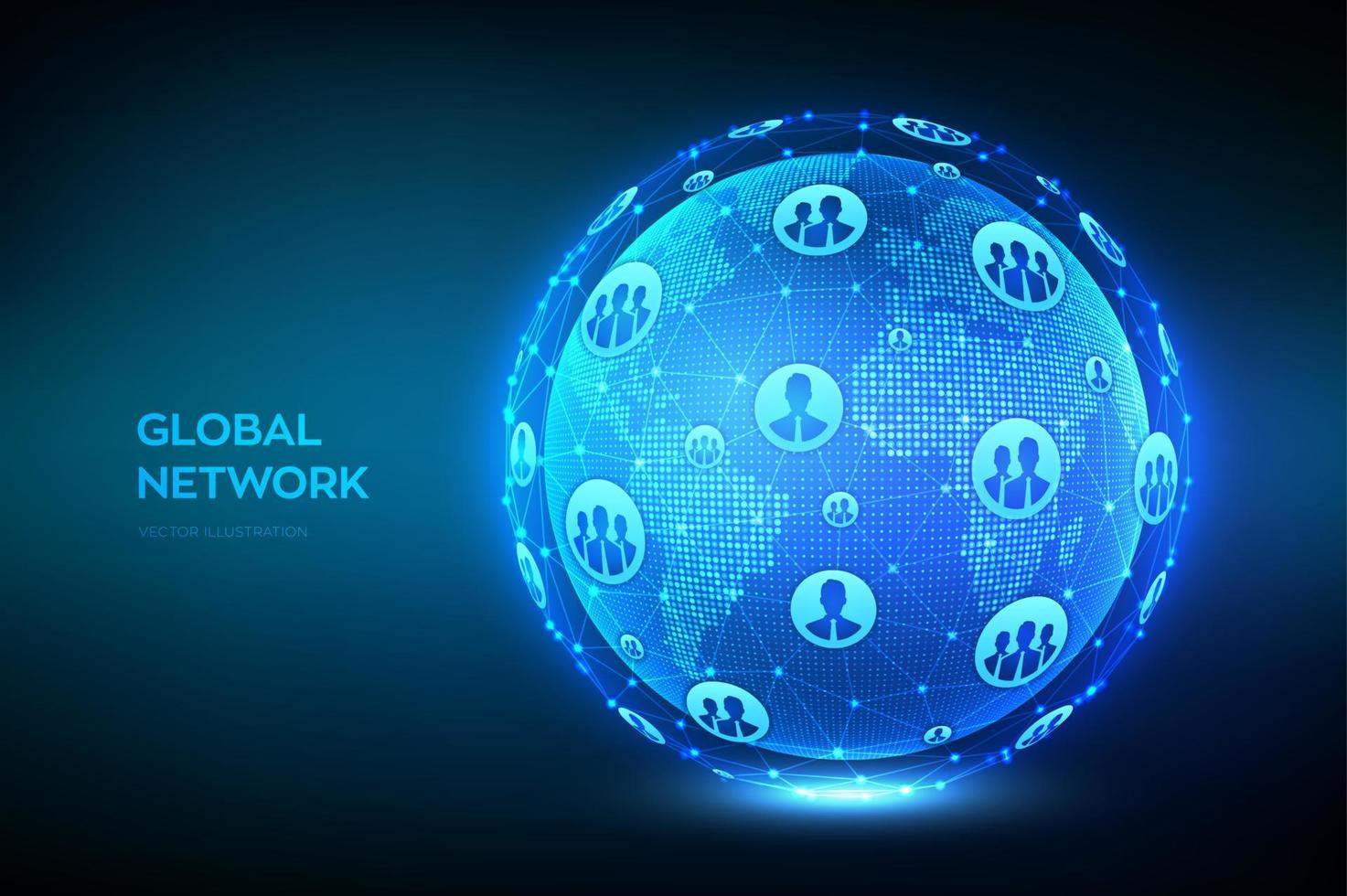 Global network connection. World map point and line composition. Earth globe. Concept of global business. Blue futuristic internet connection background. Vector Illustration.