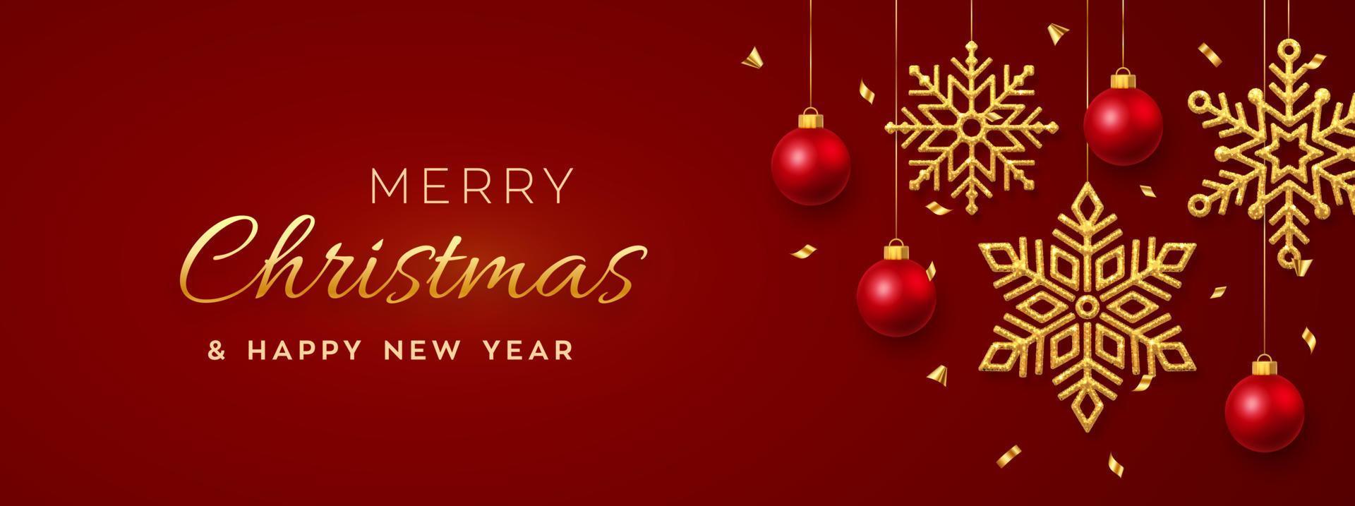Christmas red background with hanging shining golden snowflakes and balls. Merry christmas greeting card. Holiday Xmas and New Year poster, web banner, header website. Vector Illustration.