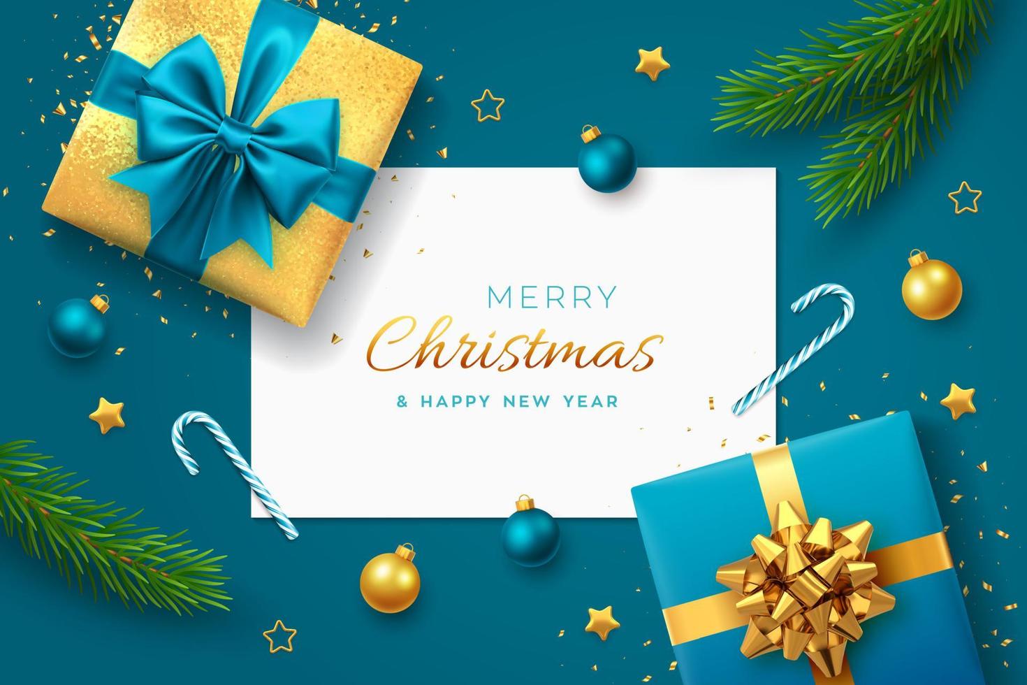 Christmas blue background with square paper banner, realistic gift boxes with blue and golden bows, pine branches, gold stars and glitter confetti, balls bauble. Xmas greeting cards. Vector. EPS10. vector