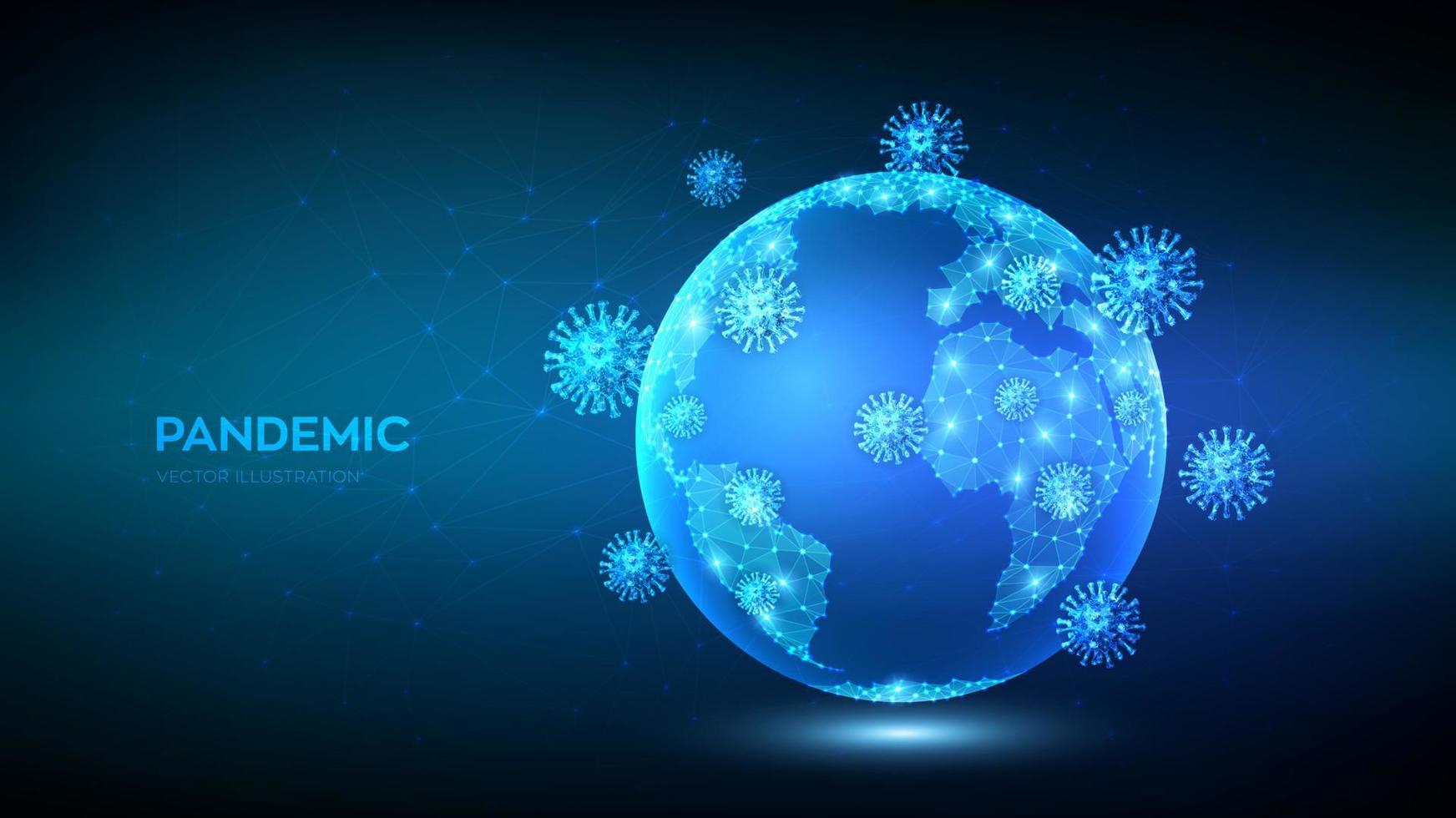 COVID-19 Pandemic concept. Coronavirus 2019-nCoV virus attack on Earth globe. Abstract low polygonal planet Earth and virus cells. Viruses, bacteria, microbes on world map simulation. Editable Vector. vector