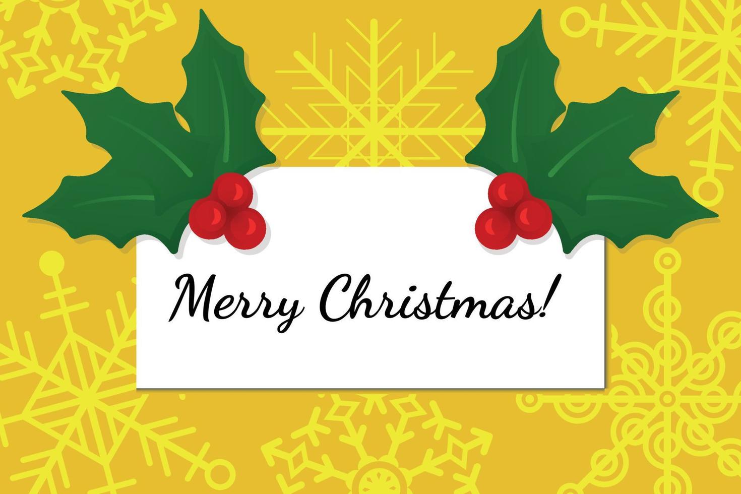 Merry Christmas bright minimalistic greeting card with Holly berry. White paper on yellow background with snowflakes. Flat vector editable illustration