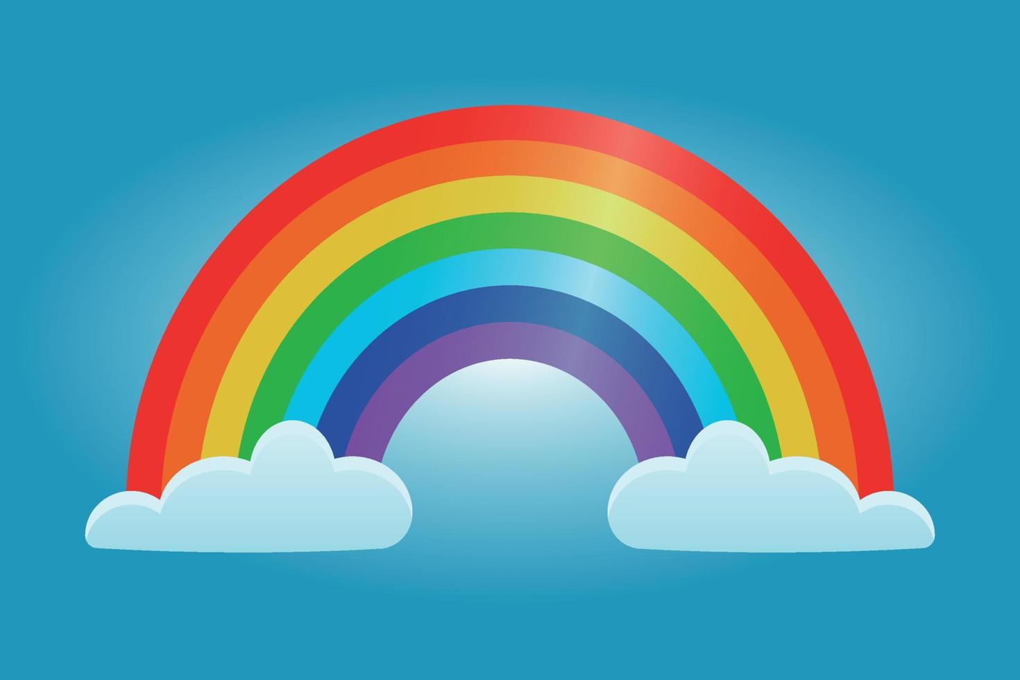 Cartoon rainbow with gradient and clouds. Flat vector Illustration on blue background