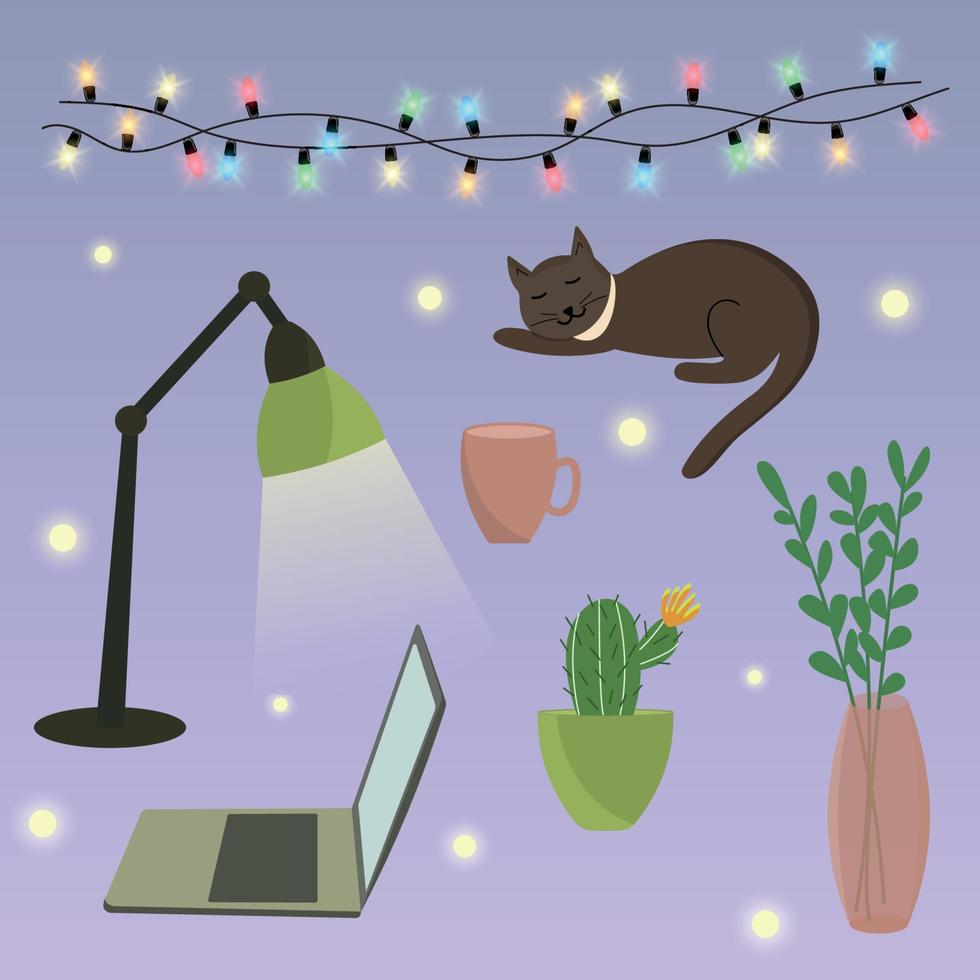 Cozy home items set. Laptop, cat, cactus in pot, cup with coffee or tea, color garland, decorative vase with green branches, table lamp. Freelancer starter pack. Flat vector illustration