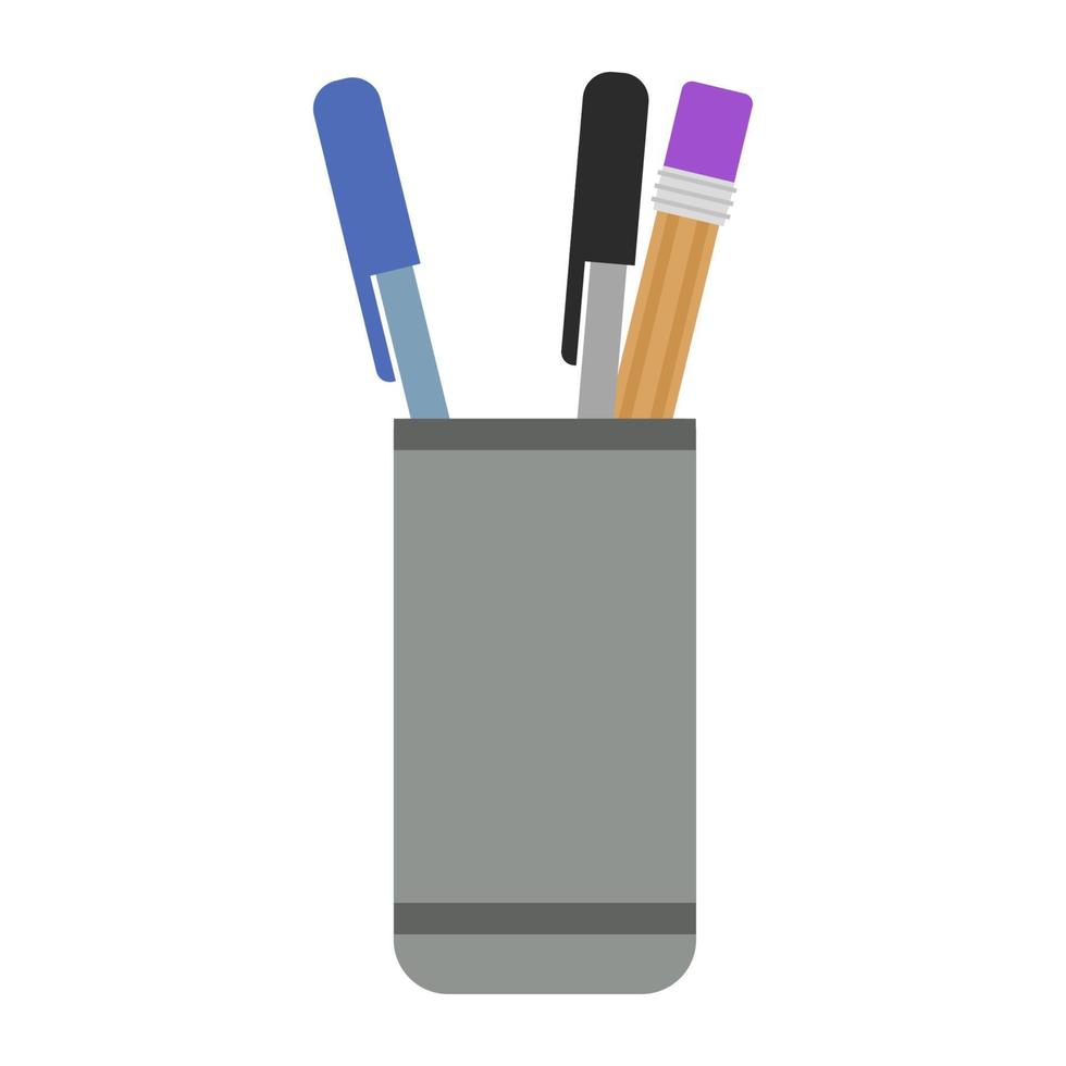 Pencil holder with pencil with rubber tip and pen. White background. Isolated. vector