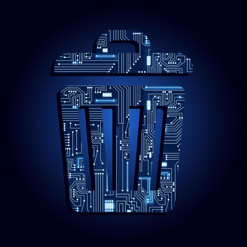 Trash can with electronic circuit. Blue and gradient background. Symbol of technological and modern waste management. vector