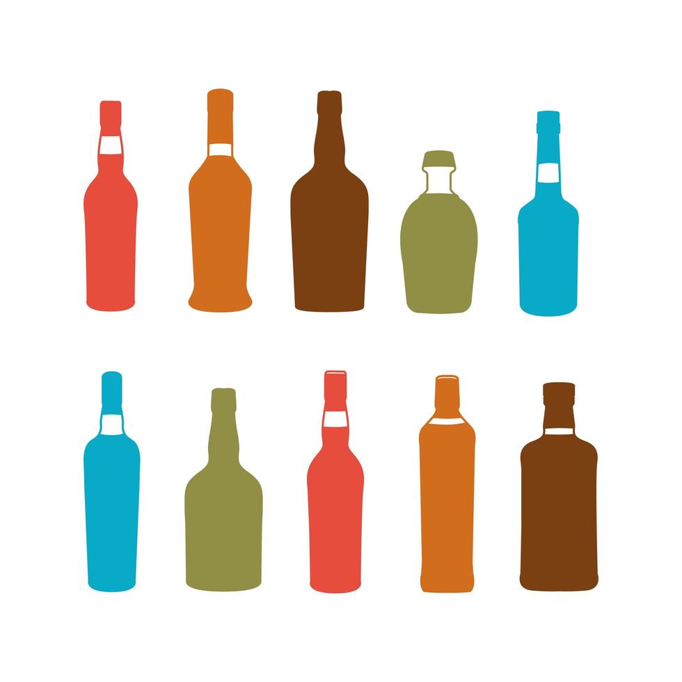 Coloridas botellas de alcohol y silhouttes de vidrio conjunto de ilustraciones vectoriales vector