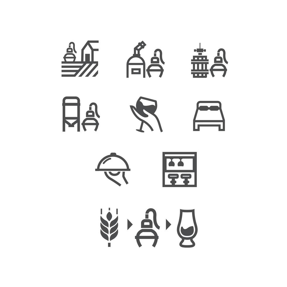 Distilling vinification fermentation vector line icon set