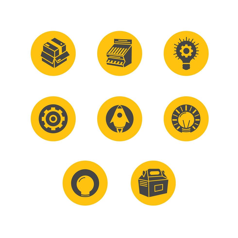 Display manufacturing and packaging vector icon set